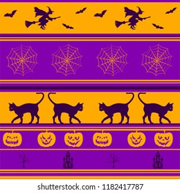 Halloween orange violet festive seamless pattern endless background with pumpkins, cats, spider webs, flying witches and bats. Flat Halloween seamless pattern cool vector design.