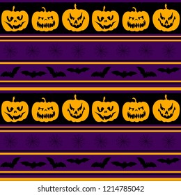 Halloween orange violet festive seamless pattern endless background with pumpkins, spider webs, flying bats, stripes. Flat Halloween seamless pattern striped vector design.