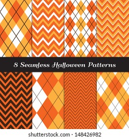 Halloween Orange, White and Brown Argyle and Chevron Patterns. Perfect as Halloween or Thanksgiving Background. Pattern Swatches made with Global Colors.