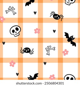 Halloween orange and white buffalo plaid. Small pink flowers. Skulls and bats. Spiders and bones. Vector illustration pattern.