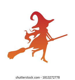 halloween orange witch flying in broom silhouette vector illustration design