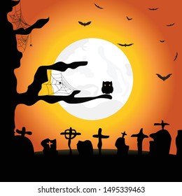 Halloween, orange-black color scheme, with a white moon in the middle
