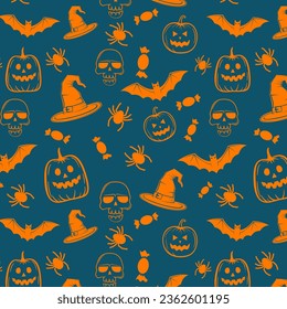 Halloween orange-blue festive seamless pattern. Endless background with pumpkins, skulls, bats, spiders, ghosts, bones, candies, spider web