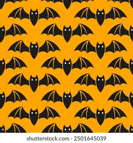 Halloween orderly seamless pattern with black bat on orange background