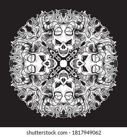 Halloween ornament of skulls and hell fire. Skull mandala.