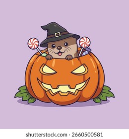 Halloween Lontra em abóbora com doce. ilustração vetorial