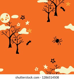 Halloween Outdoor Trees with creepy spiders and Bats Vector Seamless Pattern 