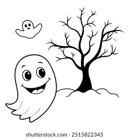 Halloween Outline Coloring Page - Friendly Ghost and Bare Tree Vector Illustration isolated on a white background. Spooky Halloween Vector Illustration.