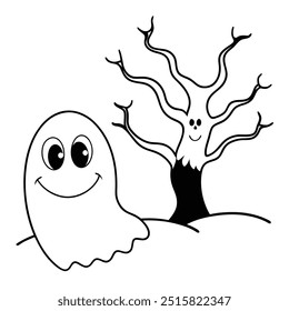 Halloween Outline Coloring Page - Friendly Ghost and Bare Tree Vector Illustration isolated on a white background. Spooky Halloween Vector Illustration.