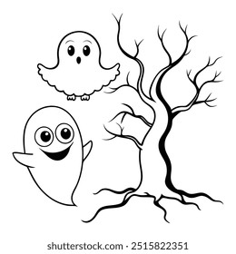Halloween Outline Coloring Page - Friendly Ghost and Bare Tree Vector Illustration isolated on a white background. Spooky Halloween Vector Illustration.