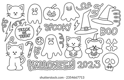 Halloween outline drawing for kid and adult colouring book, art, school activity, tattoo, stickers, logo and icon. Spooky ghost, witch's hat, pumpkin, trick or treat candy cane, bone are included.
