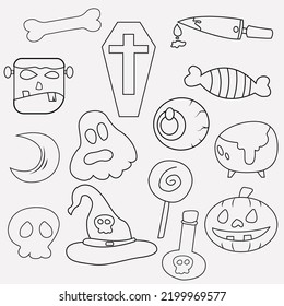 Halloween Outline Elements. vector illustration of a collection of black line cartoons. Halloween Outline Elements are suitable for a design language, symbols, presentation doodles and others
