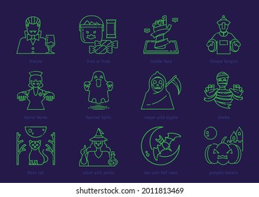 halloween outline icon set design with dracula,candy,horror nurse,spirit,zombie hand,Chinese vampire,witch,black cat,bat flying and pumpkin lantern vector illustration.