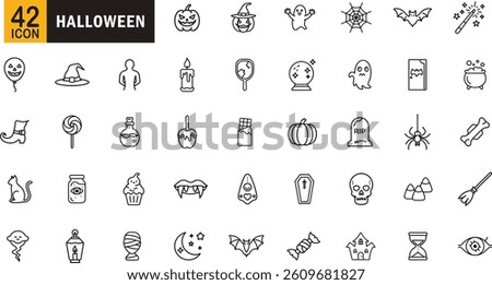Halloween outline icon set. Ghost, pumpkin, bat, witch, candy, skull, haunted house and more.