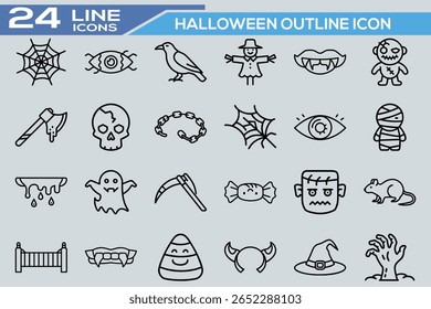 Conjuntos de ícones de contorno de Halloween - Ícones de estilo de linha assustadora para desenhos assustadores, divertidos e festivos