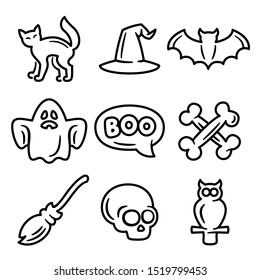 Halloween outline icon set. Vector modern stroke pictogram of ghost, bat, owl, bones and skull. Concept bold outline symbol, isolated on white background.