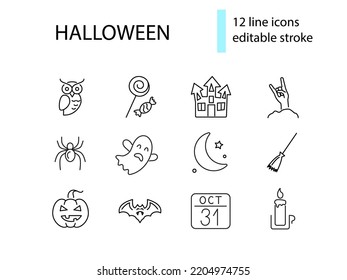 Halloween outline icons collection. Witch castle and pumpkin. Ghost, moon and broomstick. Season october holiday. Customizable symbols set. Editable stroke. Isolated vector stock illustration