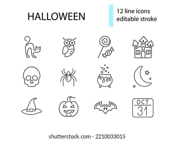 Halloween outline icons collection. Witch castle and potion cauldron. Pumpkin and spider. Owl, cat and skull. Customizable symbols set. Editable stroke. Isolated vector stock illustration