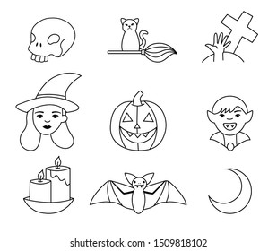 Halloween outline icons set  - skull, witch, vampire, zombie, candles, moon, bat, pumpkin, cat on a broom