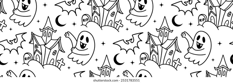 Padrão de contorno de Halloween. Bela casa assombrada e fantasma. Plano de fundo de Halloween com fantasma e morcego. Para impressão, papel de embrulho, papel de parede, tecido. Ilustração de rabisco vetorial.