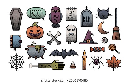 Halloween outline sign and symbol with stippled grainy texture. Halloween vector icon set.