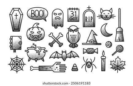 Halloween outline sign and symbol with stippled grainy texture. Halloween vector icon set.