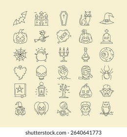 Halloween Outline Vector Icon Set – Thin Line Style Symbols of Ghosts, Pumpkins, Witches, Bats, Skulls, Spiders, and Creepy Elements for Festive Holiday, Web, Print, and Party Design Projects