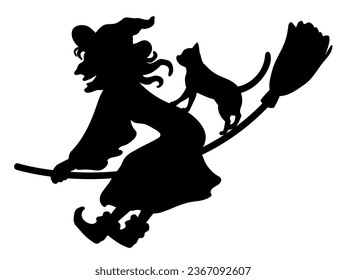 Halloween outlined black vector silhouette illustration element of spooky, cute and fun wicked witch flying on the broom. enjoying the ride with a black cat.