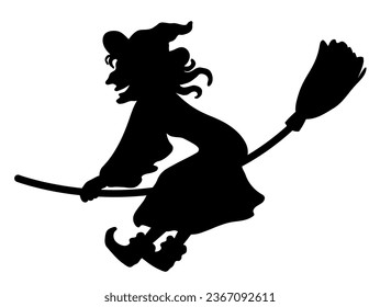 Halloween outlined black vector silhouette illustration element of spooky, cute and fun wicked witch flying on the broom, enjoying the ride.