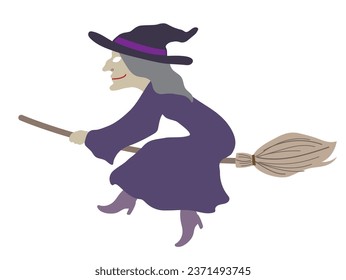Halloween outlined vector illustration element of cute, fun and spooky flying wicked witch in purple costume on the broom