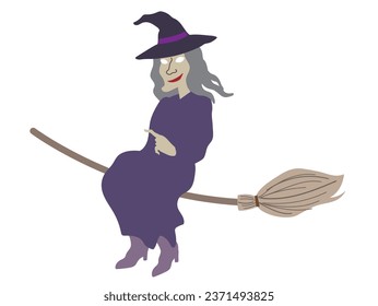 Halloween outlined vector illustration element of cute, fun and spooky flying wicked witch in purple costume on a  broom