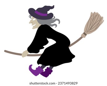Halloween outlined vector illustration element of spooky, cute and fun flying wicked witch in black costume, enjoying the ride.
