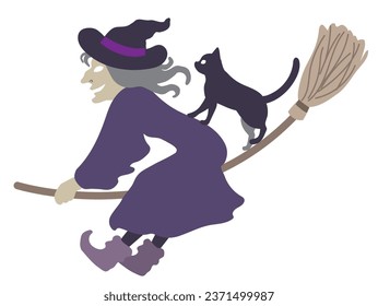 Halloween outlined vector illustration element of spooky, cute and fun flying wicked witch in purple costume, enjoying the ride with a black cat.