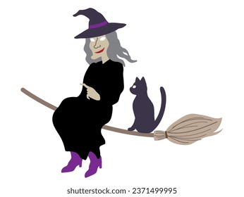 Halloween outlined vector illustration element of cute, fun and spooky flying wicked witch in black costume  talking with a cat on a  broom