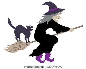 Halloween outlined vector illustration element of spooky, cute and fun flying wicked witch in black costume with a hissing cat on the broom