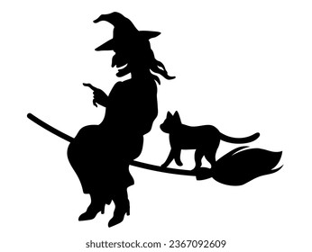 Halloween outlined vector silhouette  illustration element of cute, fun and spooky flying wicked witch talking with a walking cat on the broom, with hand pointing left.