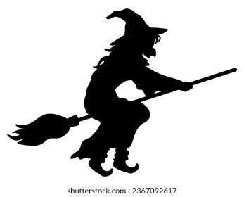 Halloween outlined vector silhouette illustration element of spooky flying witch on the broom. cute, fun and wicked witch