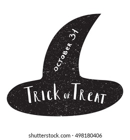 Halloween overlays label with quotes inside on textured black witch hat, vector background. modern brush calligraphy and hand drawn lettering. Use halloween cards, covers, tags, icons set and more.