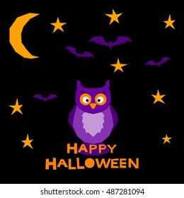 Halloween owl card background. Abstract halloween purple owl and moon isolated on black cover.