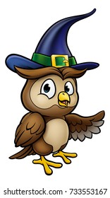 A Halloween owl cartoon character wearing a witch hat and pointing with his wing