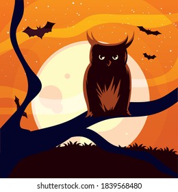 Halloween owl cartoon on tree in front of moon design, Holiday and scary theme Vector illustration