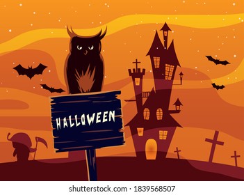 Halloween owl cartoon on wood banner in front of castle design, Holiday and scary theme Vector illustration