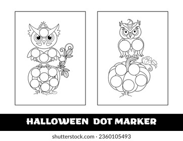 Halloween Owl dot marker coloring page for kids. Halloween education dot marker game for preschool children..