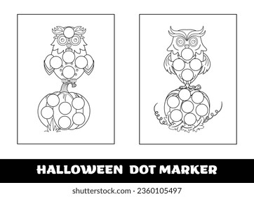 Halloween Owl dot marker coloring page for kids. Halloween education dot marker game for preschool children..