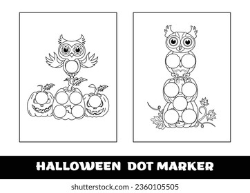 Halloween Owl dot marker coloring page for kids. Halloween education dot marker game for preschool children..