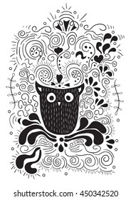 Halloween owl, hand lettering, banner and ornaments. Tonight is a very scary party., poster or print. drawing by hand vector.