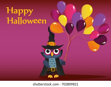 Halloween. Owl in a hat with balloons of traditional colors. Empty place for text. Vector illustration. poster