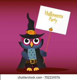 Halloween. Owl in a hat with an invitation to a party. Empty space for text. Vector illustration. Poster.