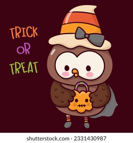 Halloween owl holding pumpkin candy jack o lantern Cute animal cartoon character(Kawaii vector). Trick or treat kids. Perfect make a wish for background, card, pattern, nursery wall and shirt design.