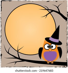 Halloween owl with moon on brown grunge background